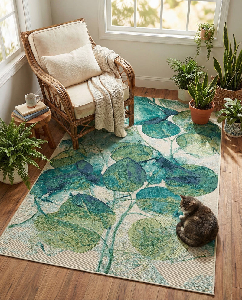 Seaside Blooms Collection Area Rug -  Flora Rectangle Blue Green  lifestyle 51