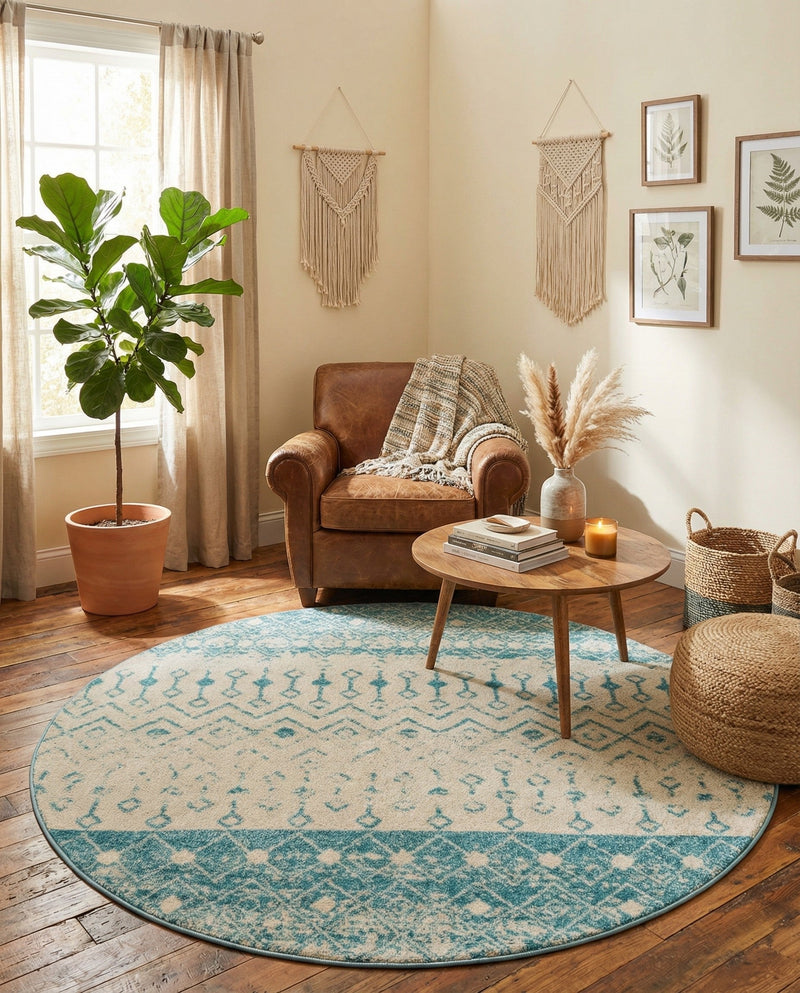 Mediterranean Lattice Collection Area Rug -  Casablanca (Ivory Blue) Round Ivory Blue  lifestyle 66