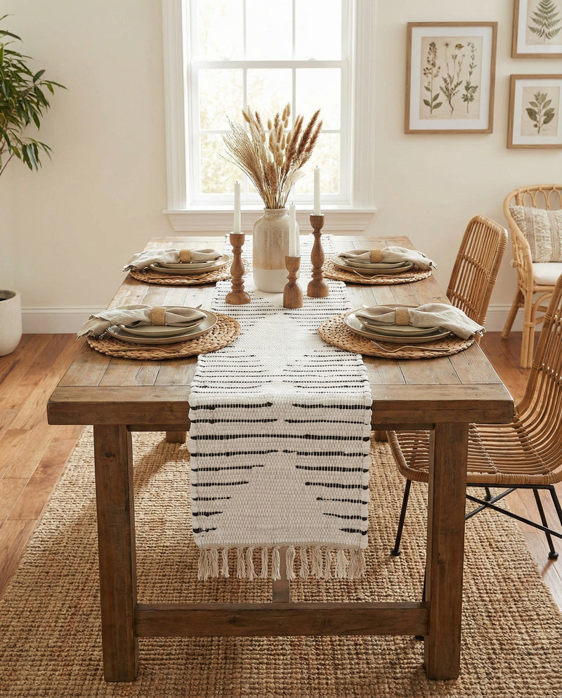 Thar Cotton Collection Area Rug - Jaisalmer (White) Table Runner White  lifestyle 72