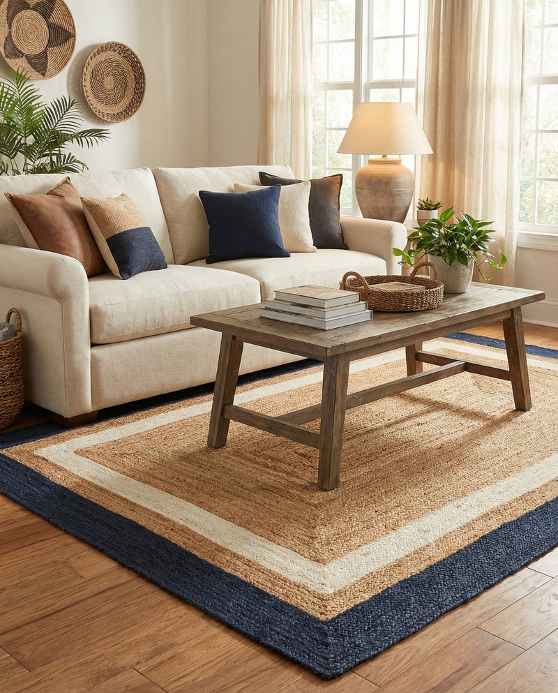 Woven Seaside Jute Collection Area Rug - Nantucket Rectangle Navy Blue White Natural  lifestyle 38