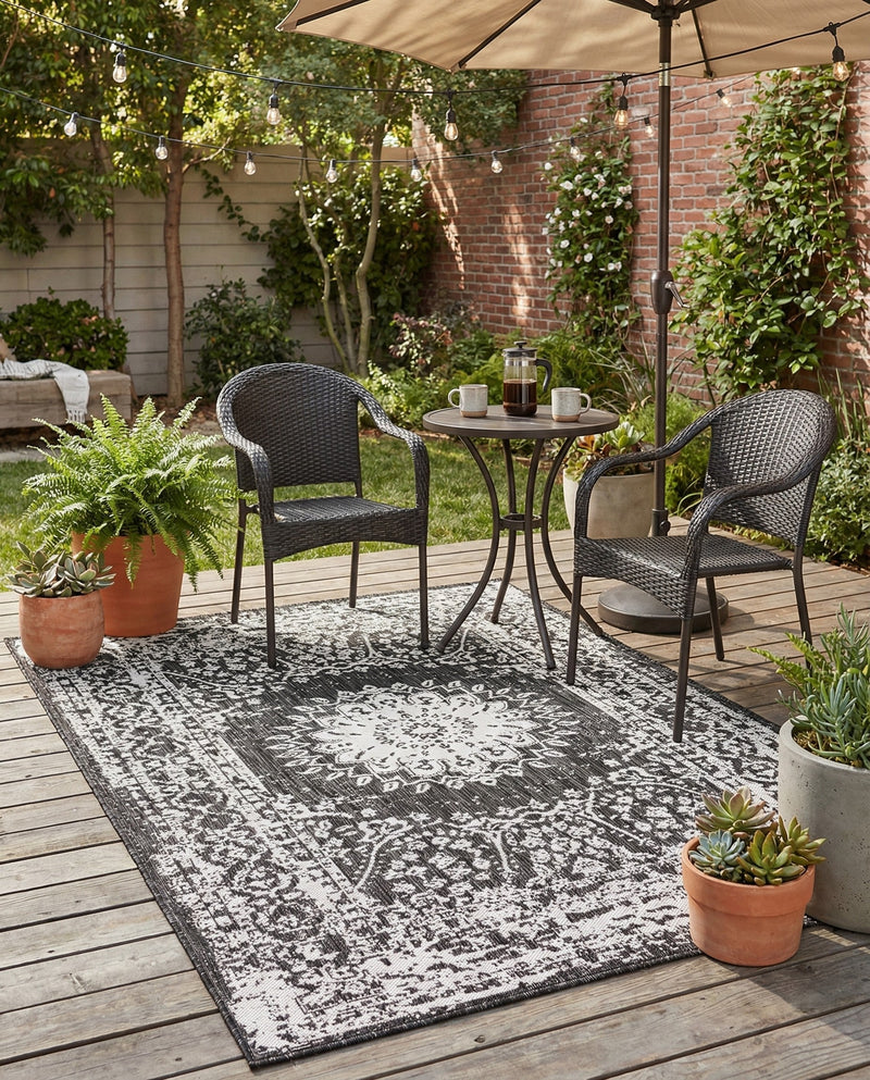 Patio Heritage Collection Area Rug -  Lafayette (Black and White) Rectangle Black and White  lifestyle 6
