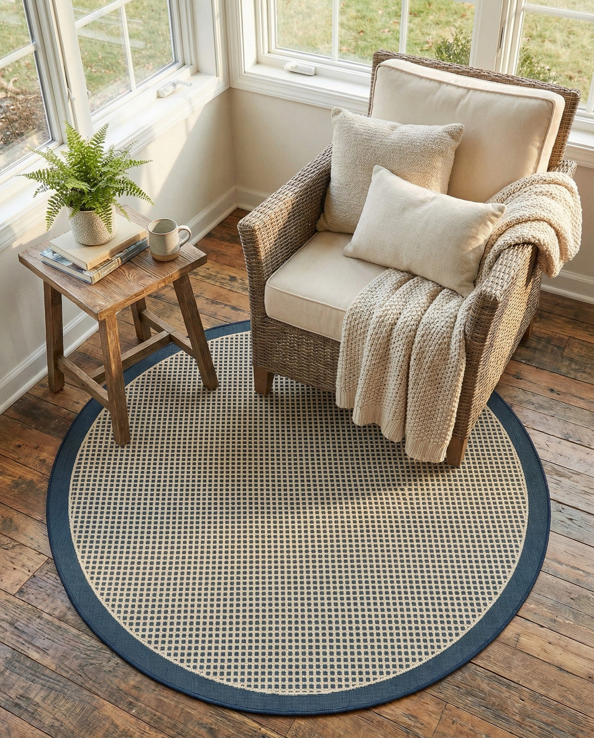 Terrace Fringe Collection Area Rug - Oceanside Round Navy Blue  lifestyle 60