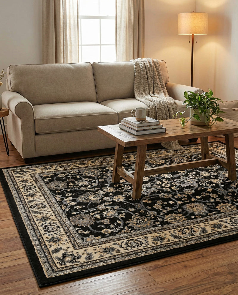 Isfahan Elegance Collection Area Rug - Naghsh-e Jahan (Black) Rectangle Black  lifestyle 43