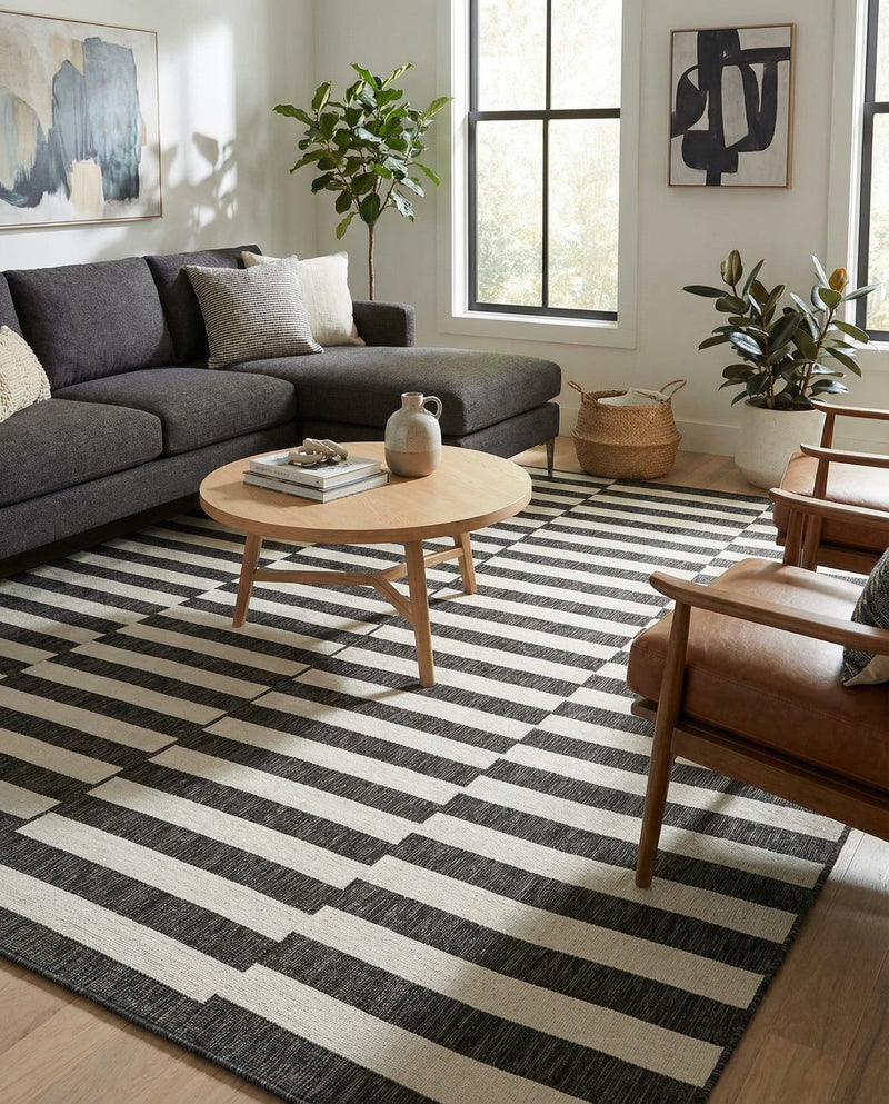 Seaside Stripes Collection Area Rug - Cabana (Charcoal) Square Charcoal  lifestyle 38