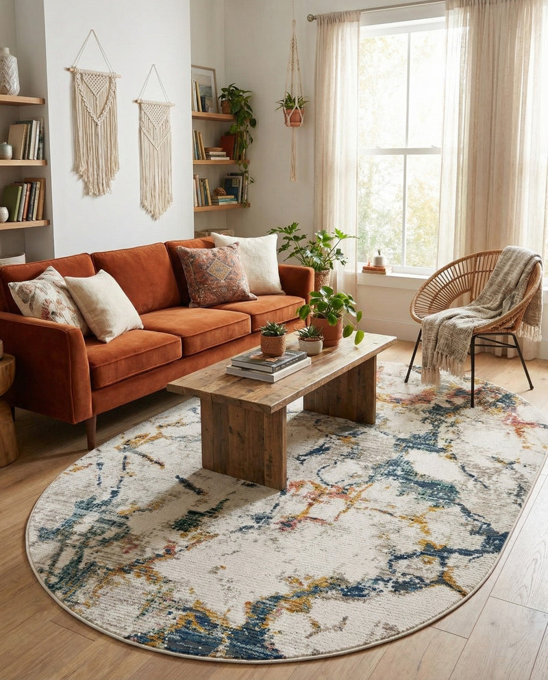 Jewel Oasis Collection Area Rug -  Opaline Oval White Navy  lifestyle 65