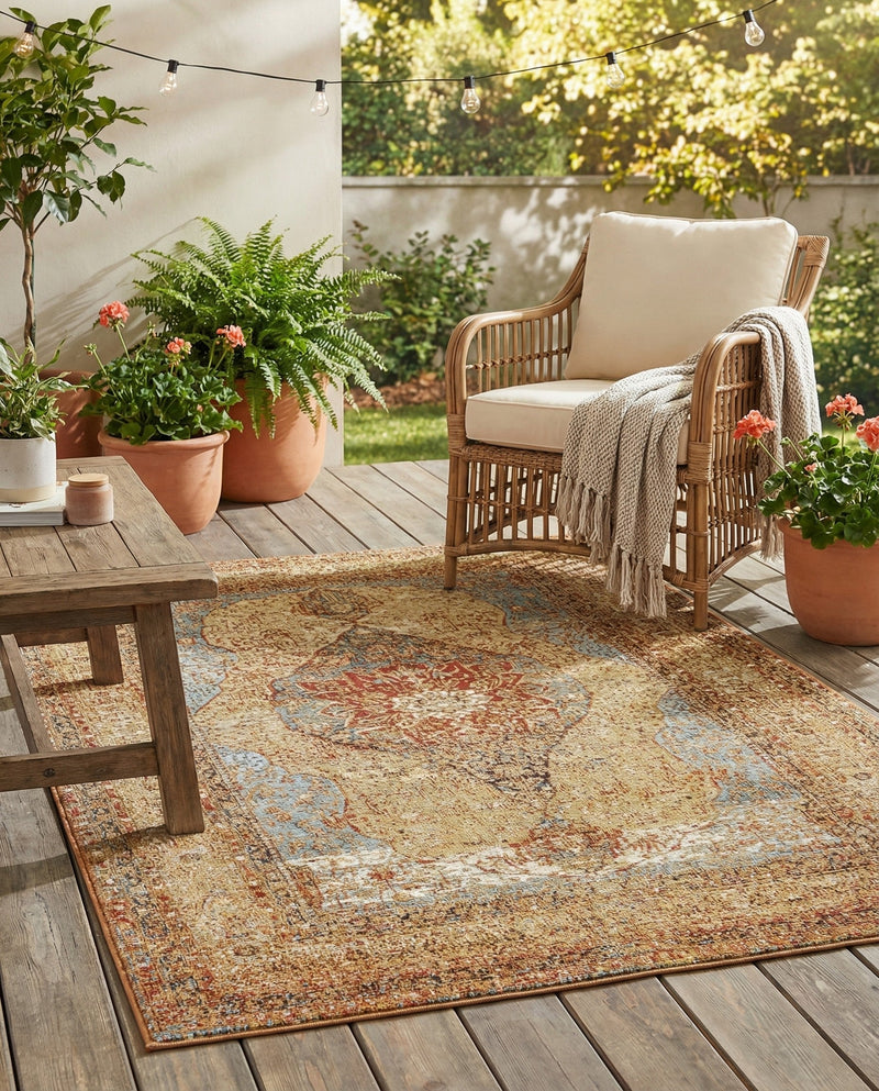 Patio Heritage Collection Area Rug -  Pergola Rectangle Blue and Light Brown  lifestyle 4