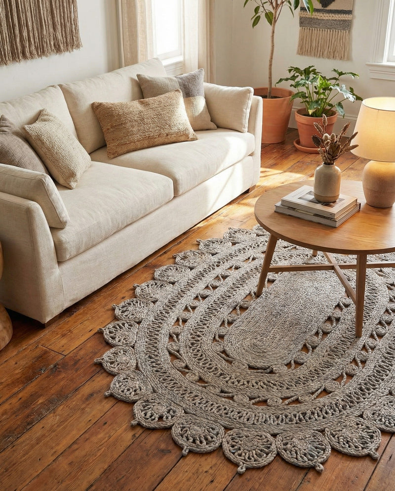 Woven Seaside Jute Collection Area Rug - Coastalhaven (Gray) Oval Gray  lifestyle 28
