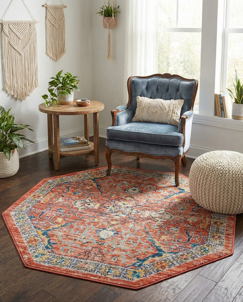 Seville Stripes Collection Area Rug -  Malaga (Brick Red) Octagon Brick Red  lifestyle 79