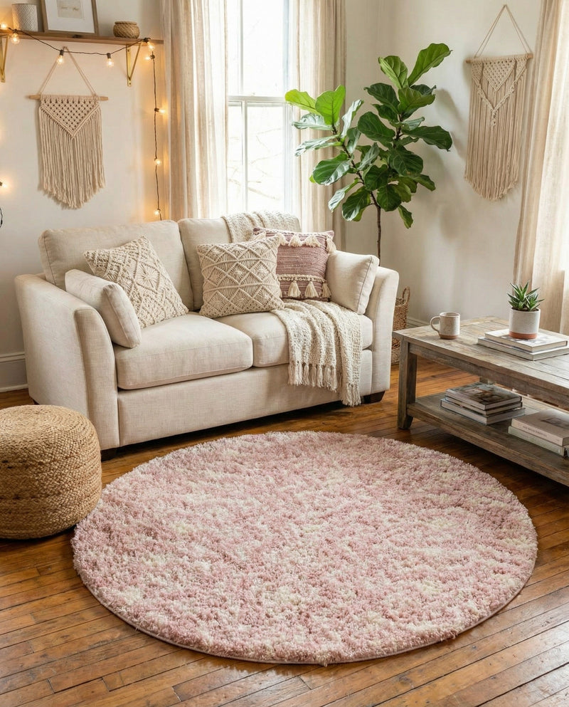 Berber Lattice Shag Collection Area Rug - Atlas (Light Pink) Round Light Pink  lifestyle 27