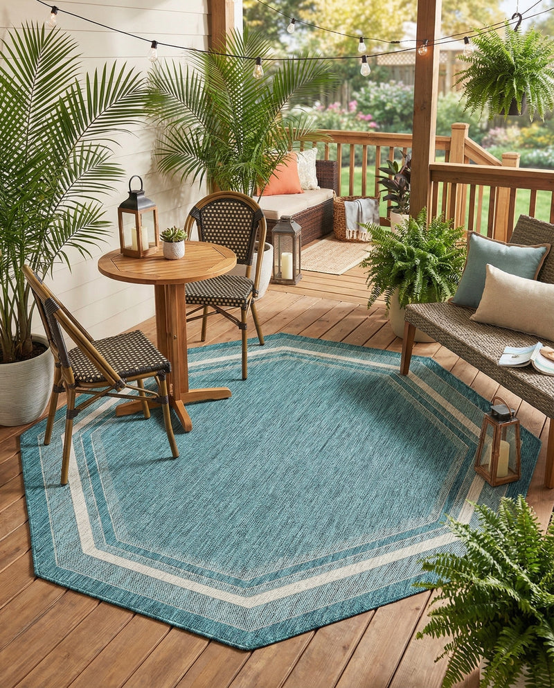 Terrace Fringe Collection Area Rug - Veranda (Teal) Octagon Teal  lifestyle 48