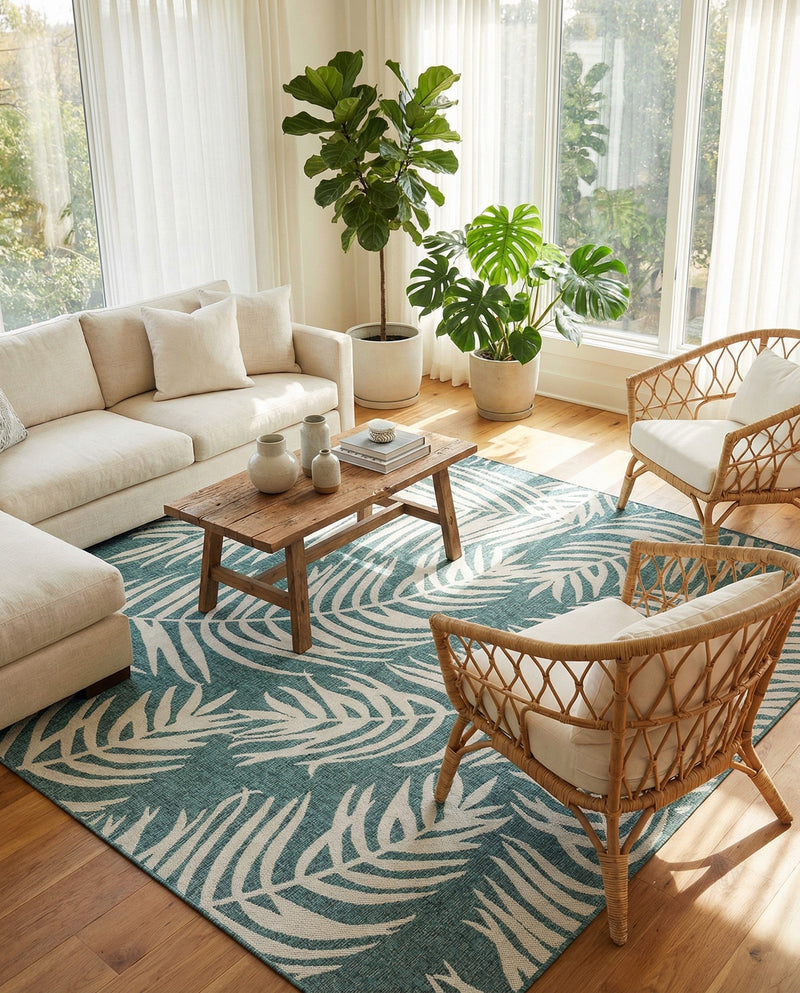 Seaside Blooms Collection Area Rug - Verdure (Teal) Square Teal  lifestyle 81