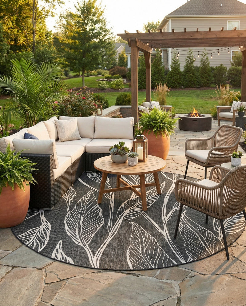 Seaside Blooms Collection Area Rug -  Evergreen (Ivory Charcoal) Round Ivory Charcoal  lifestyle 32