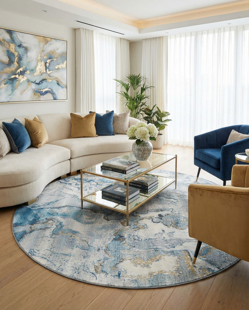 Urban Terrace Collection Area Rug -  Vertex Round Blue and Ivory  lifestyle 52