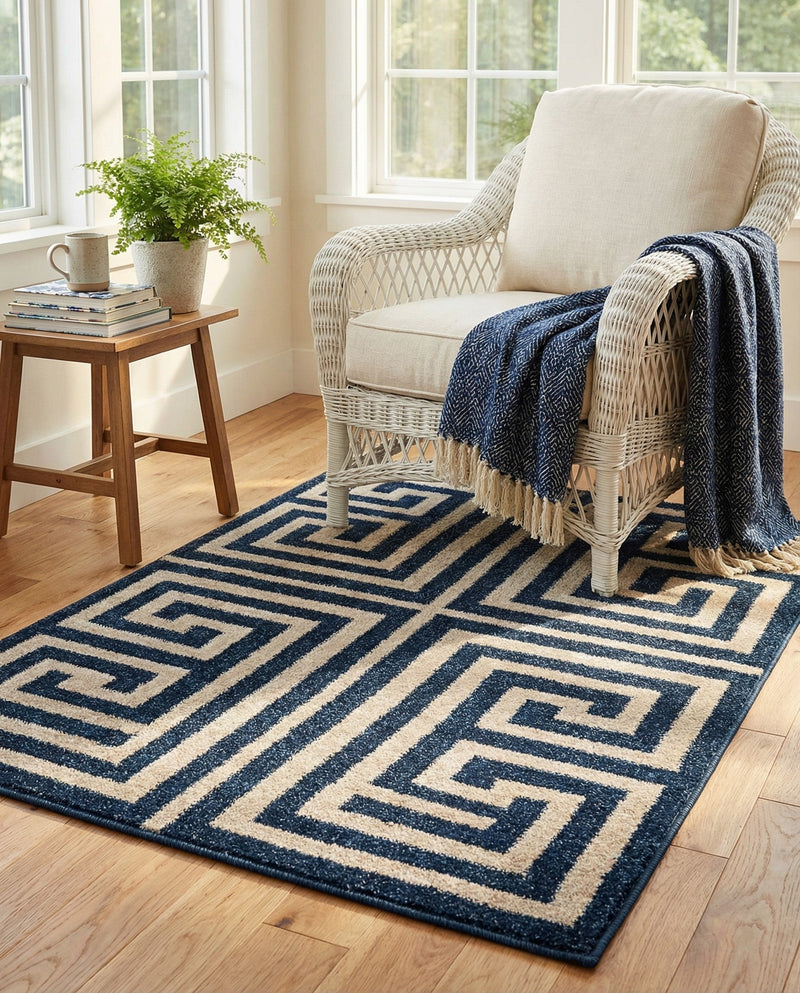 Aegean Labyrinth Collection Area Rug -  Mykonos Rectangle Navy Blue  lifestyle 25