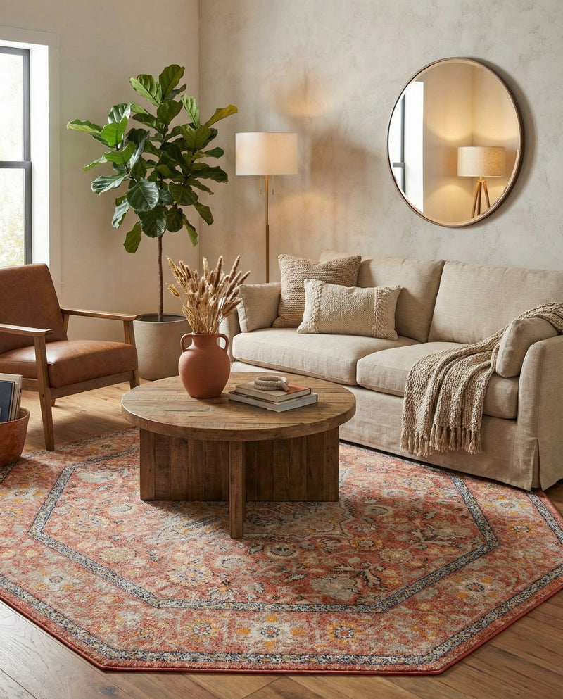Seville Stripes Collection Area Rug - Cadiz (Brick Red) Octagon Brick Red  lifestyle 73