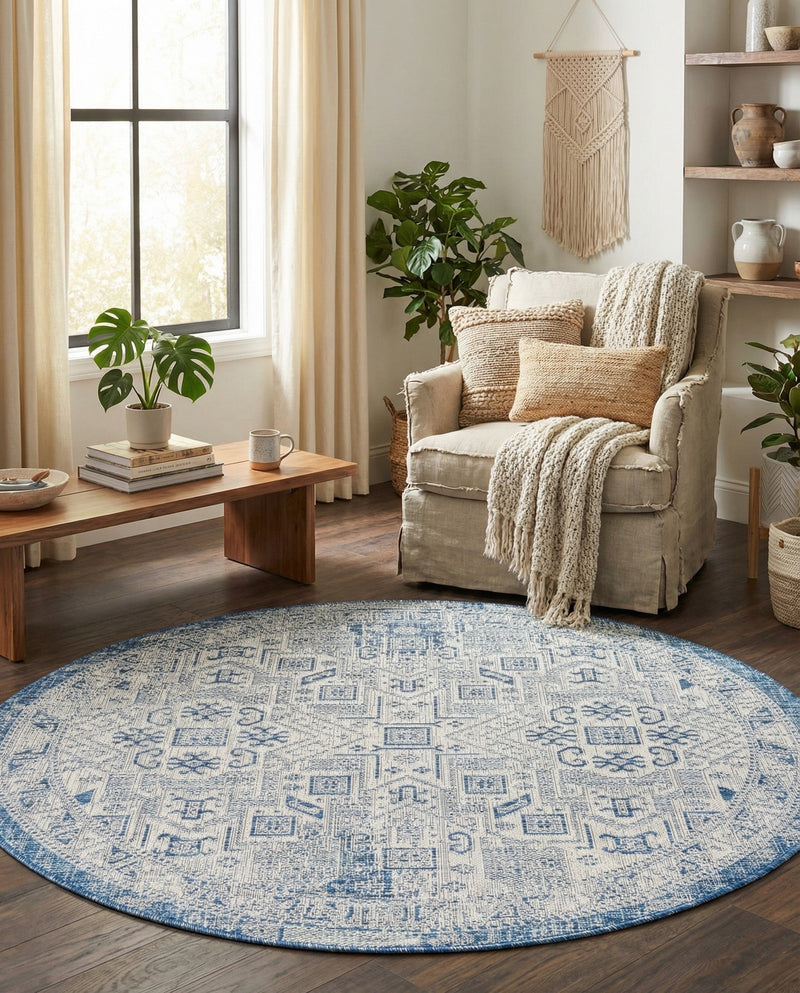 Tribal Terrace Treasures Collection Area Rug - Mayan Marina (Blue) Round Blue  lifestyle 80