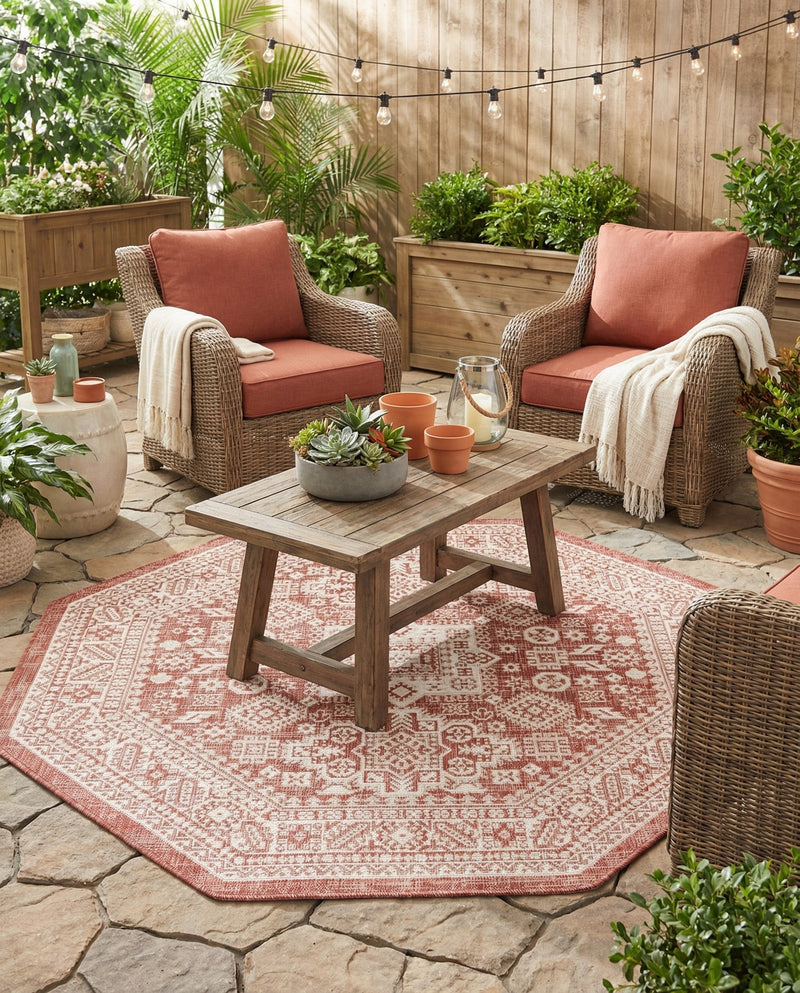Tribal Terrace Treasures Collection Area Rug -  Incan Isle (Rust Red) Octagon Rust Red  lifestyle 36
