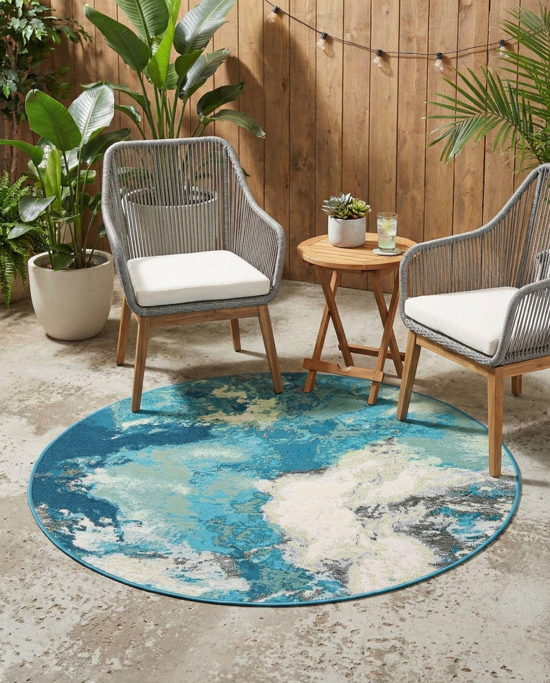 Urban Terrace Collection Area Rug -  Gazebo Round Blue and Ivory  lifestyle 45