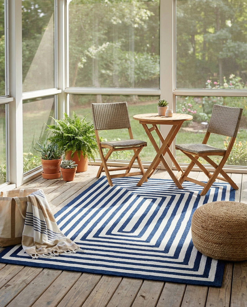 Sustainable Strands Indoor-Outdoor Oasis Collection Area Rug - Harborview Rectangle Navy Blue and White  lifestyle 23