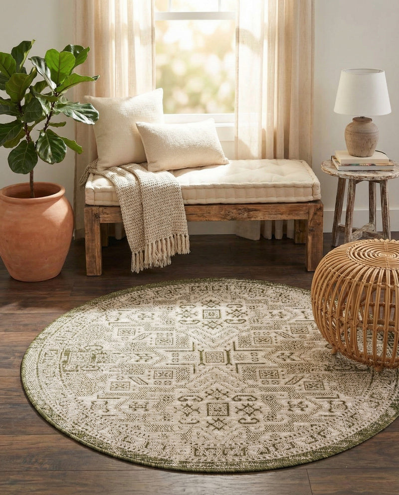 Tribal Terrace Treasures Collection Area Rug - Mayan Marina (Green) Round Green  lifestyle 70