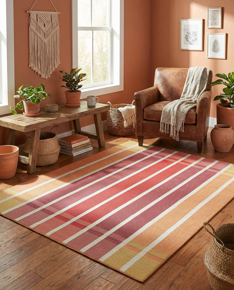 Seaside Stripes Collection Area Rug -  Coral Rectangle Peach and Salmon  lifestyle 31