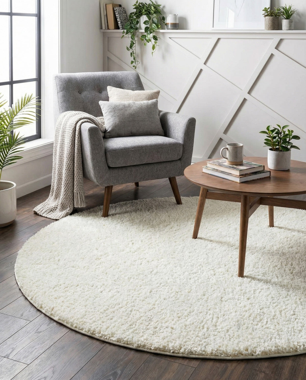 Cozy Comfort Shag Collection Area Rug - Haven (White) Round White  lifestyle 32