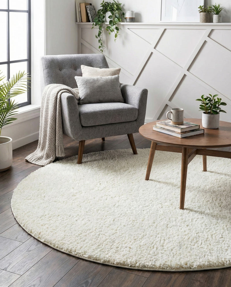 Cozy Comfort Shag Collection Area Rug - Haven (White) Round White  lifestyle 32