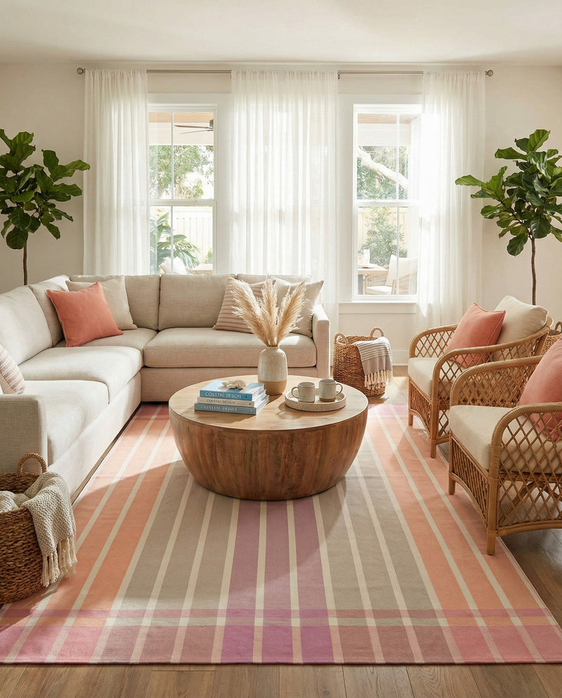 Seaside Stripes Collection Area Rug -  Coral Rectangle Pink and Lavender  lifestyle 66