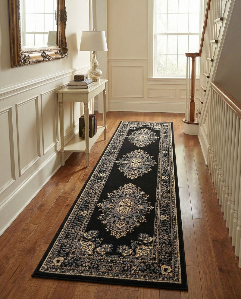 Tabriz Tapestry Collection Area Rug - Azerbaijan (Black) Runner Black  lifestyle 40