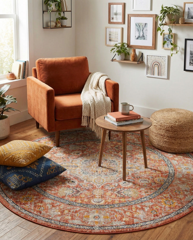Seville Stripes Collection Area Rug - Cadiz (Brick Red) Round Brick Red  lifestyle 76