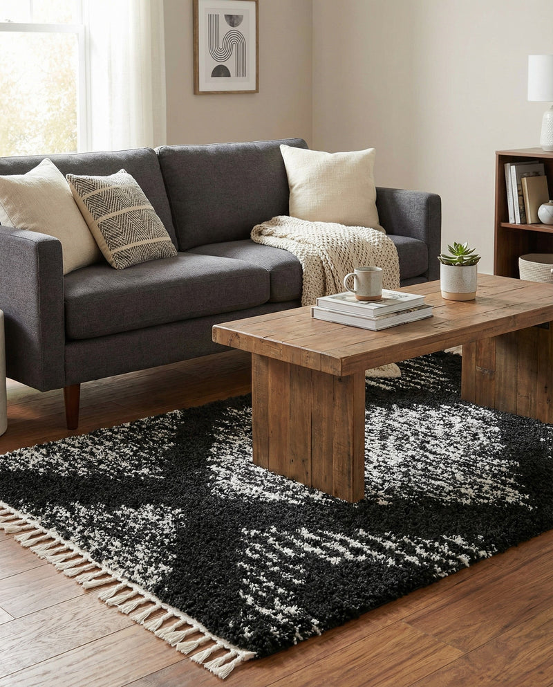 Tranquil Tides Shag Collection Area Rug -  Azure Rectangle Black and White  lifestyle 18