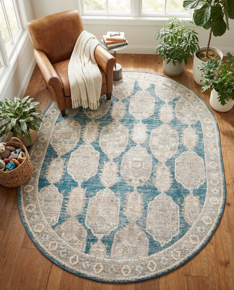 Seville Stripes Collection Area Rug -  Granada (Blue) Oval Blue  lifestyle 54