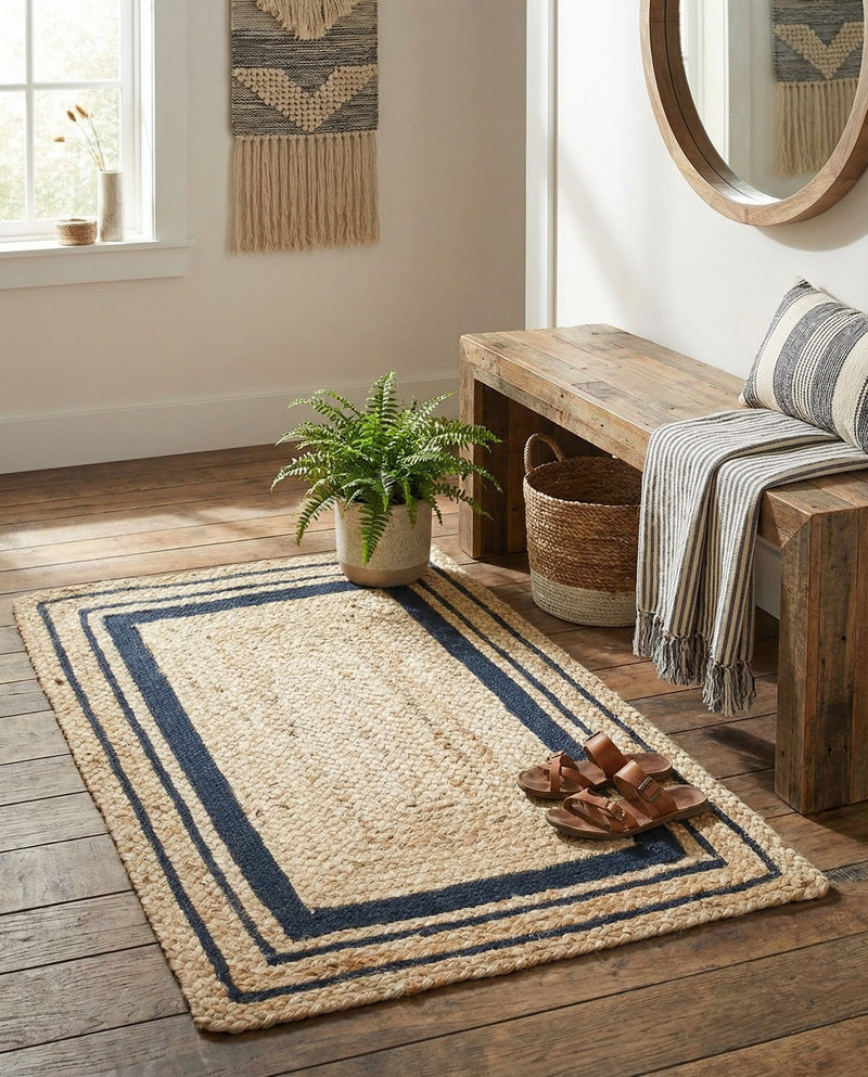 Woven Seaside Jute Collection Area Rug - Nantucket Rectangle Natural and Navy Blue  lifestyle 13