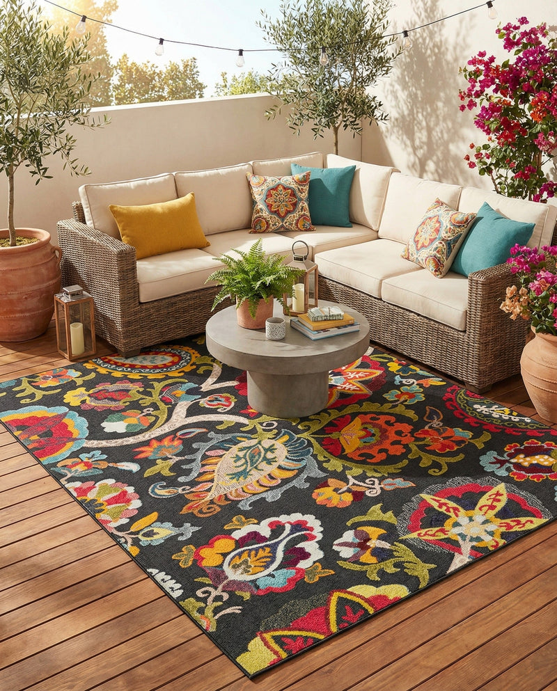 Outdoor Marrakesh Collection Area Rug - Fes Rectangle Multi Black  lifestyle 56