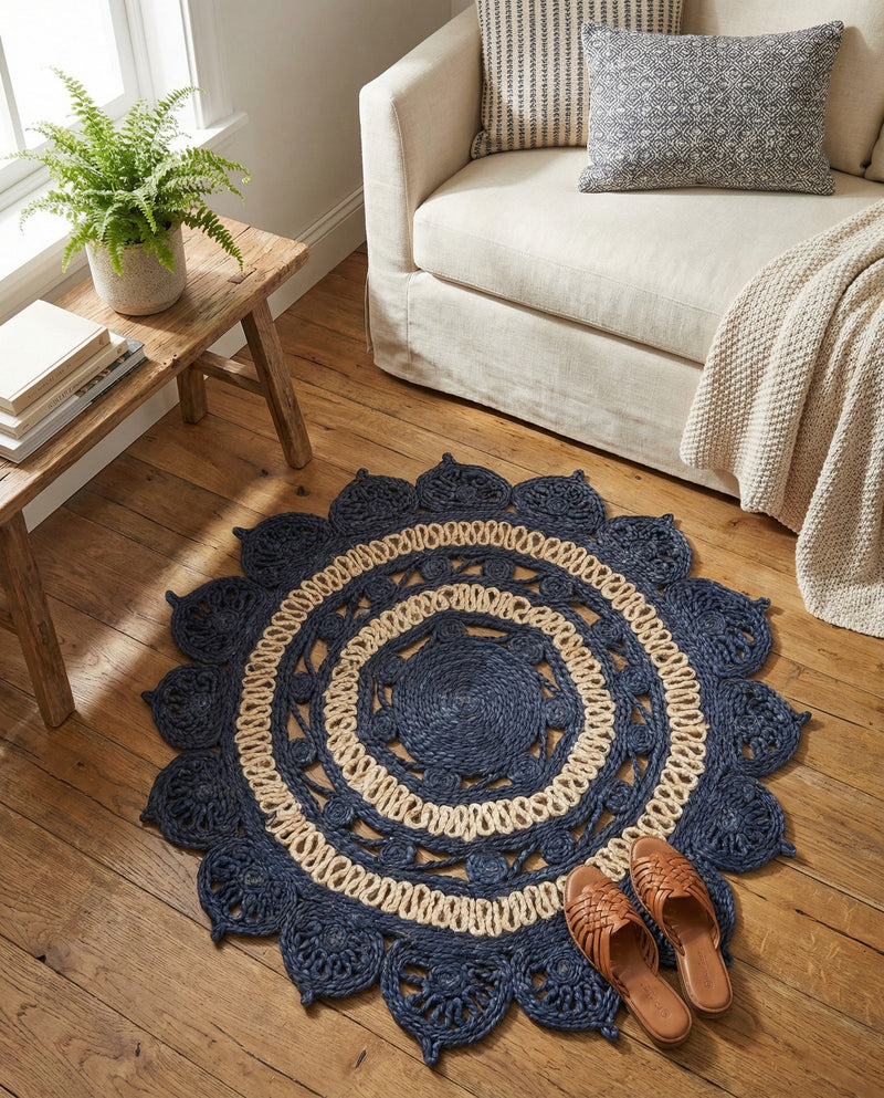Woven Seaside Jute Collection Area Rug - Coastalhaven (Navy Blue and White) Round Navy Blue and White  lifestyle 28