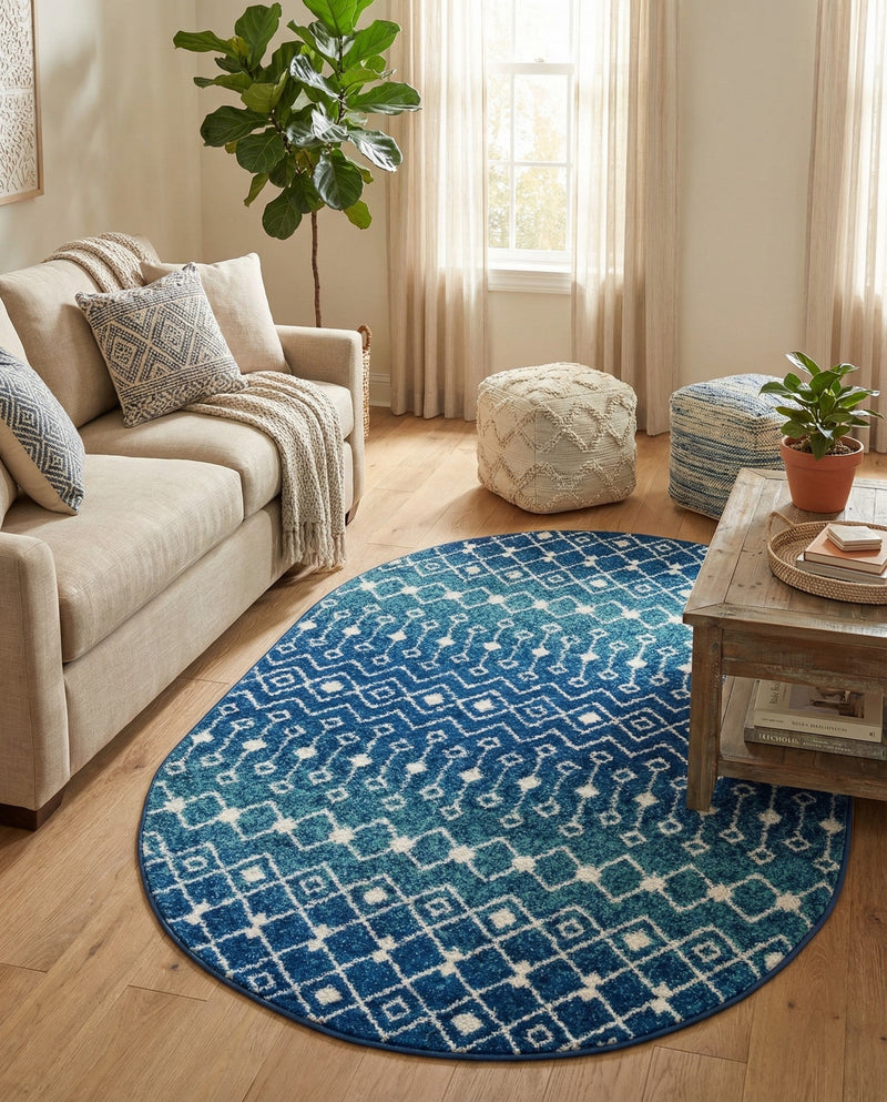 Mediterranean Lattice Collection Area Rug - Santorini (Navy and Teal) Oval Navy and Teal  lifestyle 47