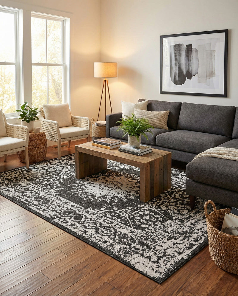 Patio Heritage Collection Area Rug -  Lafayette (Black and White) Rectangle Black and White  lifestyle 23