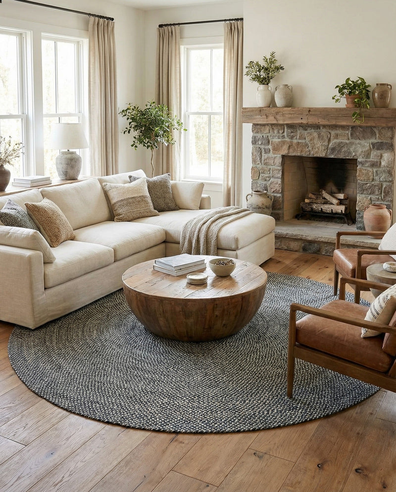 Highland Woven Jute Collection Area Rug - Glenmore (Navy Blue) Round Navy Blue  lifestyle 44