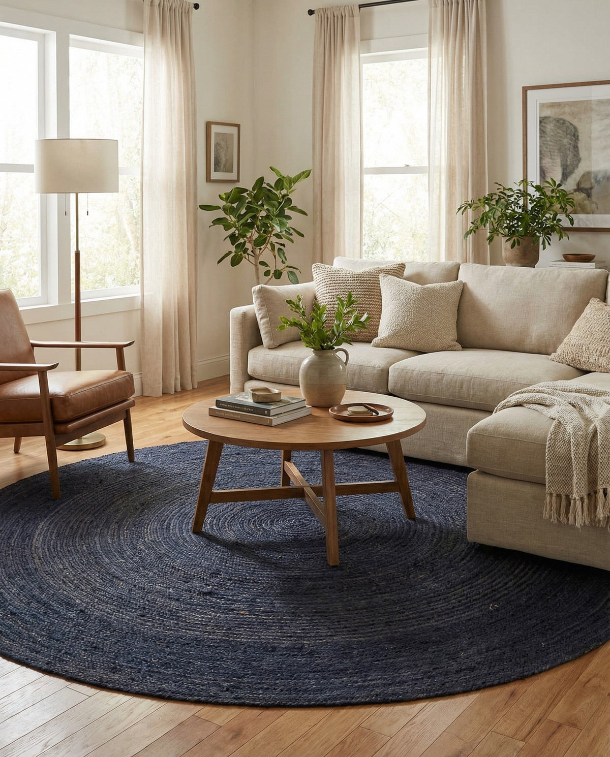 Woven Seaside Jute Collection Area Rug - Savannah (Navy Blue) Round Navy Blue  lifestyle 95