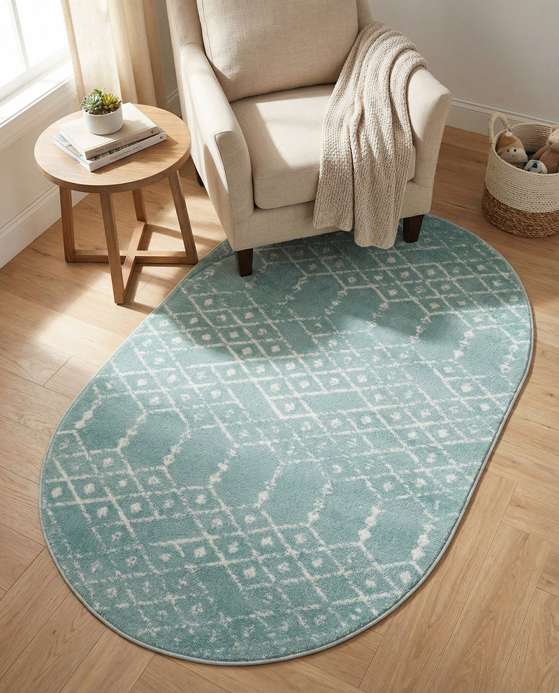 Marrakesh Lattice Collection Area Rug - Casablanca (Aqua) Oval Aqua  lifestyle 80