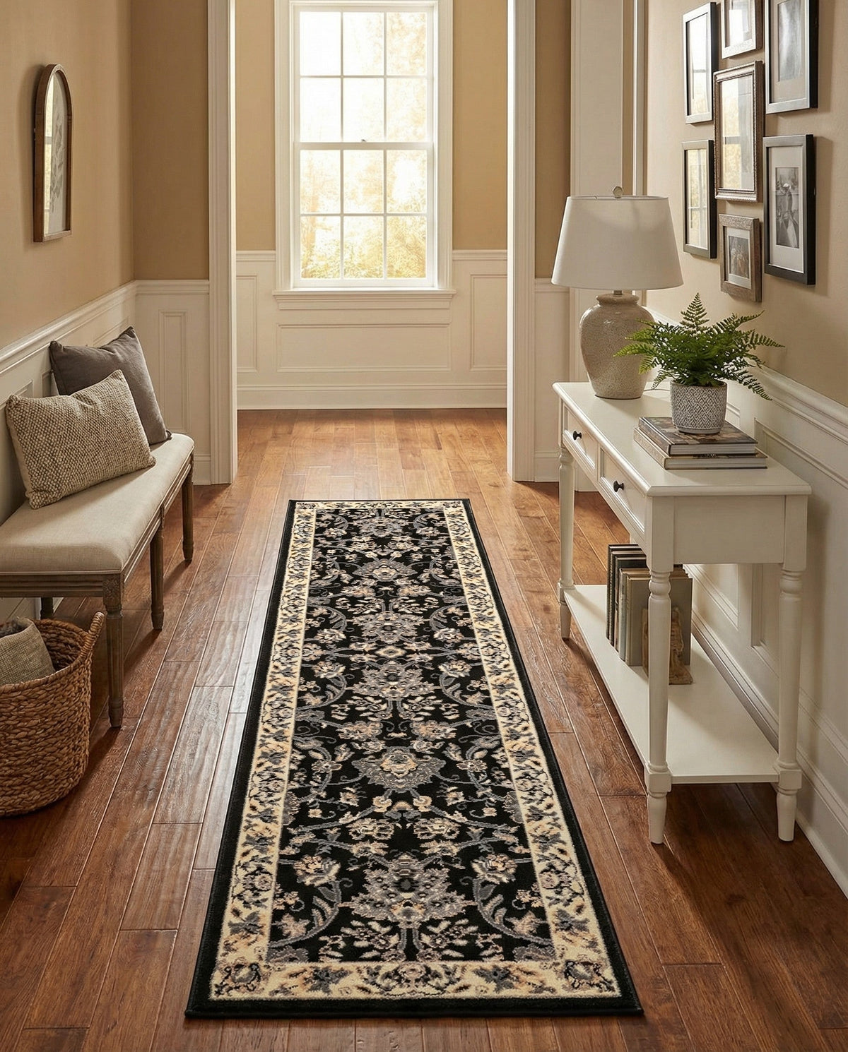 Isfahan Elegance Collection Area Rug - Naghsh-e Jahan (Black) Runner Black  lifestyle 114