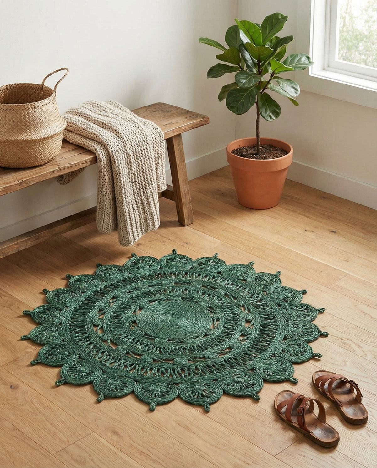 Woven Seaside Jute Collection Area Rug - Coastalhaven (Hunter Green) Round Hunter Green  lifestyle 14