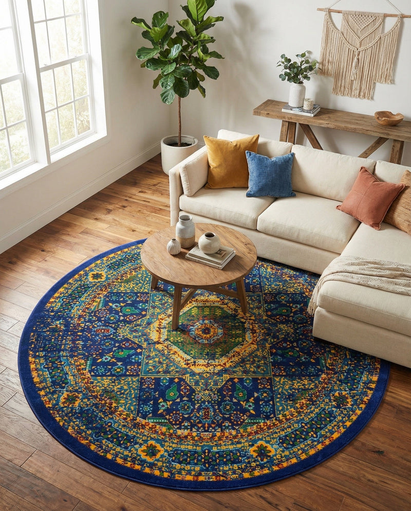Caribbean Cove Collection Area Rug -  Grenada Round Navy Blue  lifestyle 44