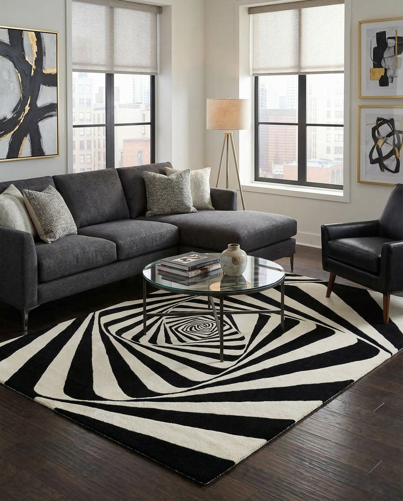Cyclone Wool Collection Area Rug -  Twister Rectangle Black and White  lifestyle 10