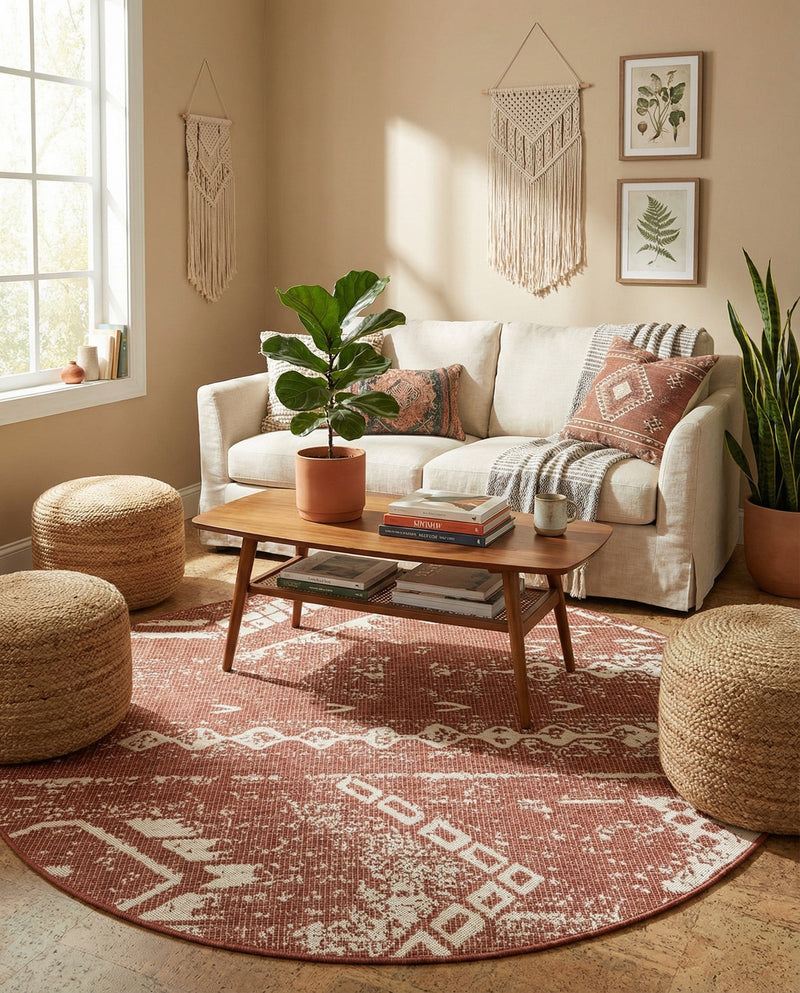 Desert Nomad Terrace Collection Area Rug - Sahara (Rust Red) Round Rust Red  lifestyle 59