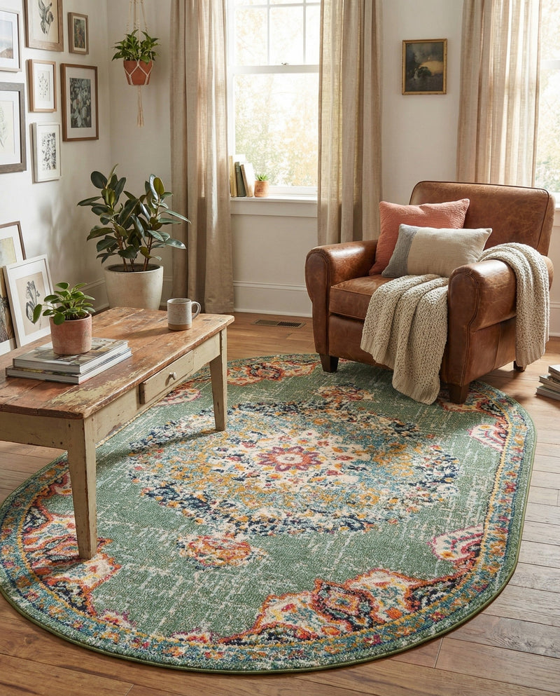 Brighton Terrace Collection Area Rug - Hove (Green) Oval Green  lifestyle 44