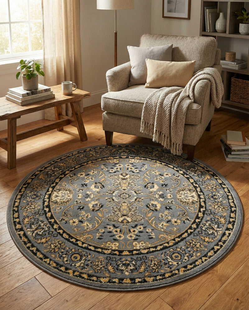 Isfahan Elegance Collection Area Rug - Naghsh-e Jahan (Gray) Round Gray  lifestyle 57
