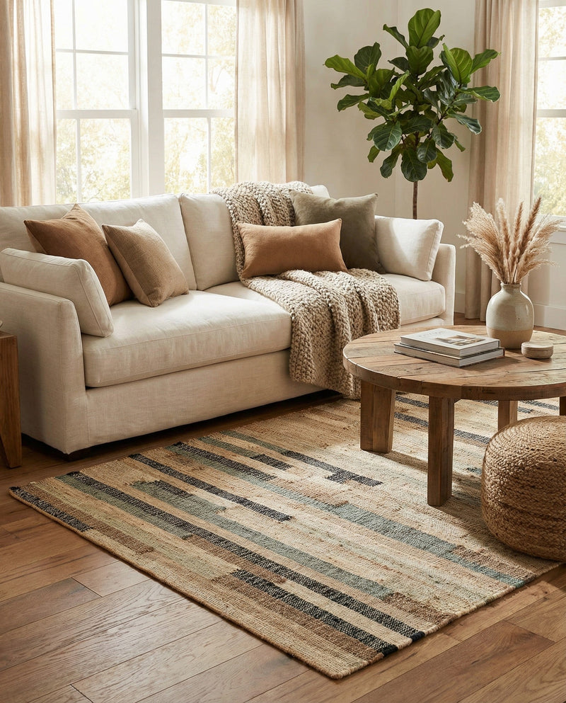 Benares Handwoven Jute Collection Area Rug -  Varanasi Rectangle Beige  lifestyle 7