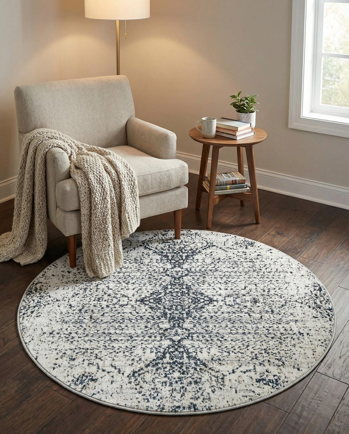 Aegean Elegance Washables Collection Area Rug -  Naxos Round Black and White  lifestyle 121