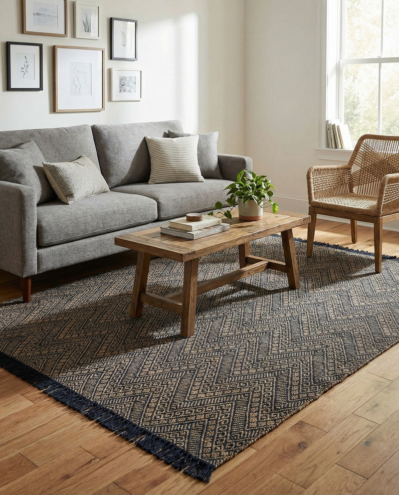 Woven Seaside Jute Collection Area Rug - Oia Rectangle Navy Blue and White  lifestyle 36